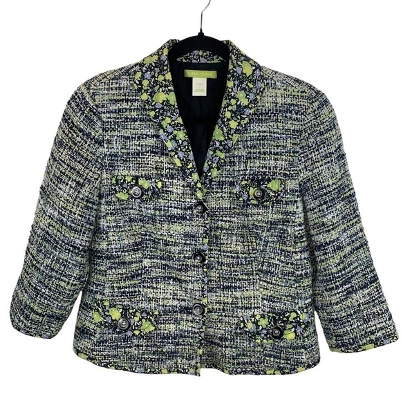 Sigrid Olsen sz 10P Tweed Cotton Green Navy Blazer Jacket Floral Career Classic - Picture 1 of 8